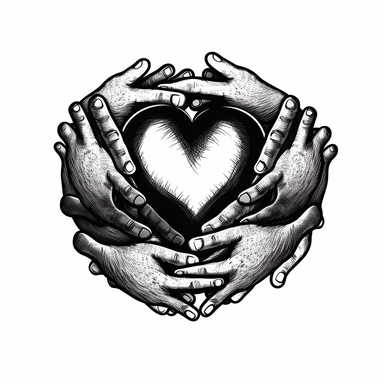 holding hand inside of a heart, multiple hands, black and white, clipart style