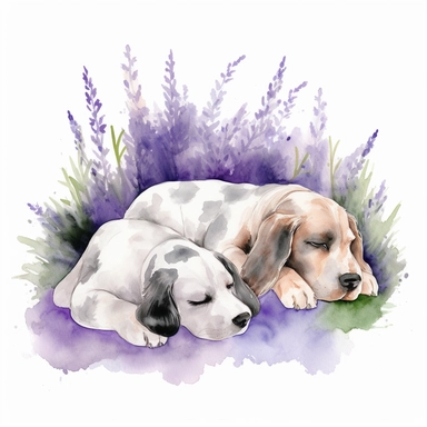two dogs sleeping in a clump of lavender watercolor clipart