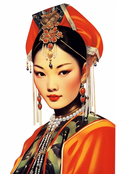 Vintage 1920 Asian woman along with a striking silver nose ring Illustration , Chromolithograph, Die Cut, 1920s Illustration, Vintage, Chromolithograph, Colorful, Antique, Ephemera, Clipart, 8k, Isolated on white