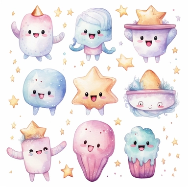Cute kawaii dentist watercolor white background clipart set single elements with margin