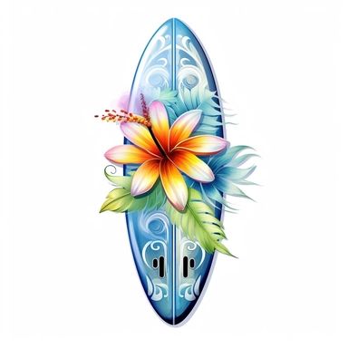 Pastel Cute Beautiful surf board tropical flower Watercolor Sublimation Clipart,Cartoon, hyper realistic, intricate detail, illustration style,high solution,on the white background