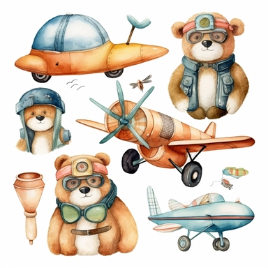 Airplane watercolor clipart set Cute animals illustration