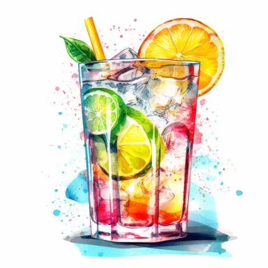 clipart watercolor pastel neon colors - summer cool drink with ice cubes in it and cutted citrus fruits on top - hard contrast - high details - enough space between each item