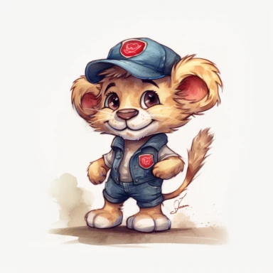 Cute anthropomorphic baby lion wearing a denim vest with a red bandana around its neck, paired with blue jeans and black cowboy boots clipart,smile expression,running pose dynamically, front side view, in the style of watercolor cartoon clipart, beatrix potter style,pixar style, high resolution, composition free space, pastel color scheme, soft and tender, watercolour clipart, watercolor illlustration for kids and children,isolated white background, clipart most popular on etsy, book illustratio