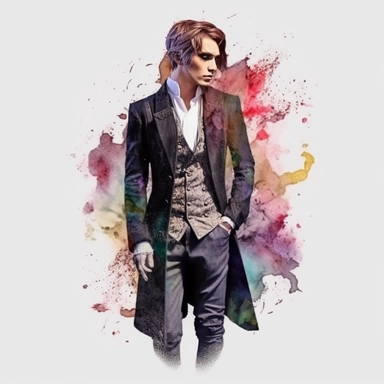 Victorian elegant male multicolor hair ,fantasy, full body, fairytale dreamlike look, eye contact, clipart with watercolor splash background, with transparent background, hyper realistic, professional photography, super detailed