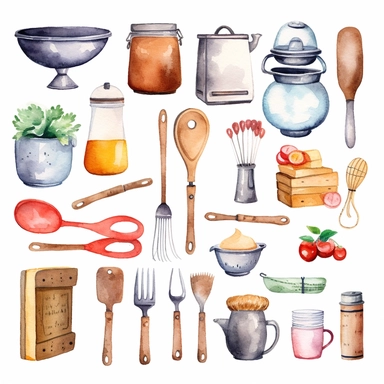 Watercolor kitchen utensils clipart for bakery decoration white background