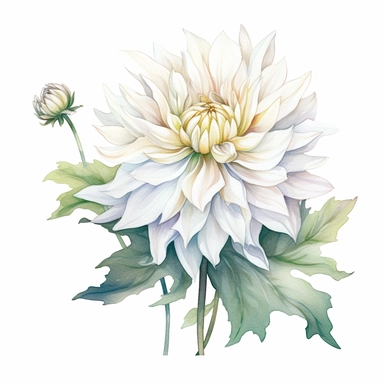 Watercolor beautiful white dahlia tuber boom boom clipart on a white background in the style of feminine sticker art, Tanya Shatseva, storybook illustration, pure white and subtle gray shades, Georgia O'Keeffe, flower and nature motifs, colored line art, colored outlines, cottagecore design, watercolor on white background, ombre, neutral tones, colored line art, colored outlines, iridescent ombre, gradient shading, symbol of purity and innocence, vibrant digital art oil paint photorealism, an il