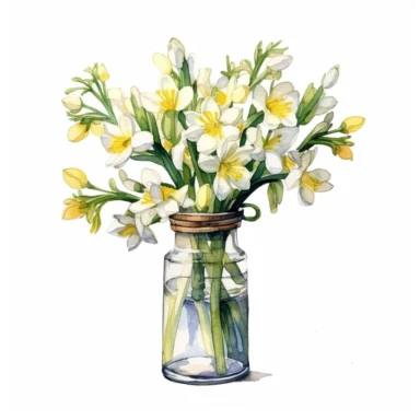 a bunch of freesia in a empty bottle no water mark, water colour clipart, white background