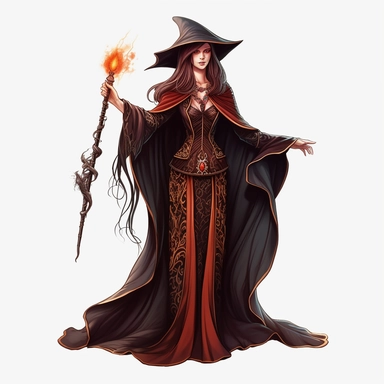 a realistic portrayed beautiful Female wizard standing firm i a gothic fantasy world, clipart