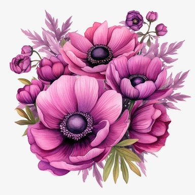 dark Magenta anemone flower bunch, watercolor, clipart, highly detailed, HD, flowers arranged in a square-shaped frame