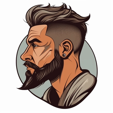 handsome mans profile picture, cartoon old school tattoo style, faded haircut with beard, tattoos on neck, sharp features, thick lines clipart image
