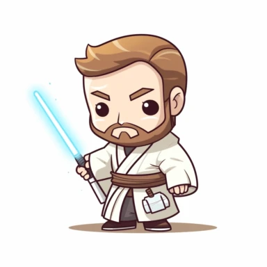 obi wan kenobi, kawaii clipart, with lightsaber in his hands, white background