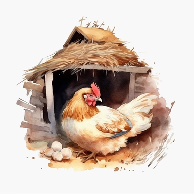 realistic watercolor chicken sleeping on its nest with some eggs and chicks around the barn on solid white background, clipart