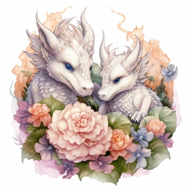 clipart white background Woodland dragon babies hidden among flowers, created with intricate details and a touch of watercolor