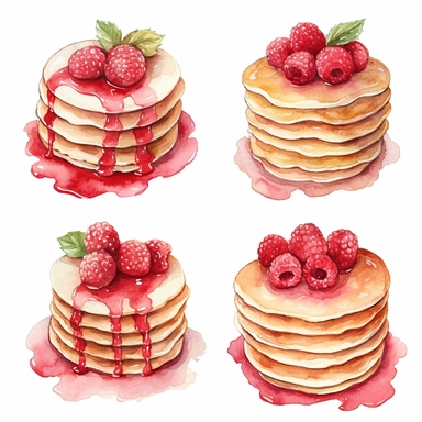 watercolor A clip art 4 set of images featuring raspberry pancakes isolated white background, minimalist, 8K