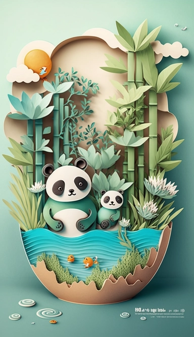 Multidimensional Paper - cut craft , paper illustration , tunne , multi dimensional paper quilling,Chinese landscape illustration,greenish-blue,coffee cup ,Cute baby panda saying hello, standing beside bamboos, watercolor style, cute style, clipart, no words, hd image.best quality, ultra-detail, 3d rendering , Octane render , elevationperspective ,diversity