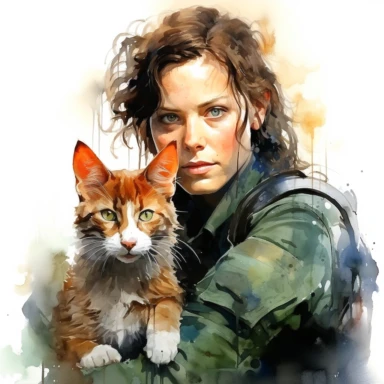 Sigourney Weaver like Ripley with Jonesy cat, character from movie Alien, watercolor painting, cinematic lighting, clipart, white background