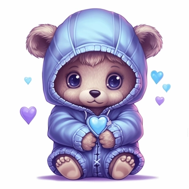 a shy baby bear in hoody Clipart, covered in hearts, Nursery summer Clipart, Easter Clipart, Crafting Digital Paper, purple and blue backlight Mother’s Day, white background