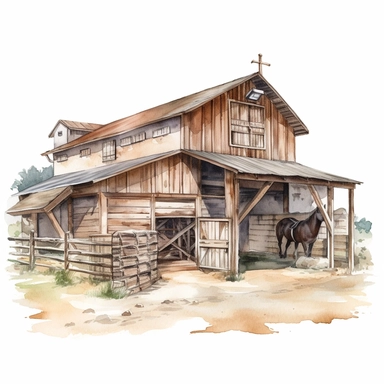 realistic watercolor drawing of a horse stable in California, on a white background where the background will be removed to repurpose as a clipart.