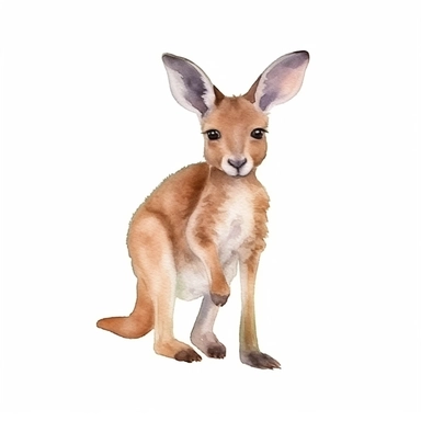an active baby kangaroo with kind eyes clipart with watercolor illustration,full body shot,8k,etsy style, white background