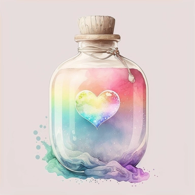 rainbow dream illusion pastel color water white background clear old rustic Heart Bottle classic potion Valentine's Day Clipart vintage watercolorrgb