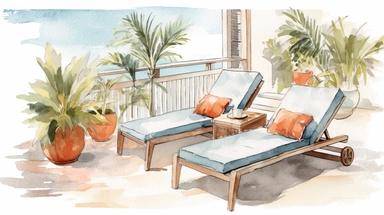 Watercolor clip art, Serena and Lily inspired, Editorial Style photo, Mid-range view, Artistic, Eclectic, Tropical plants and lounge chaise furniture, Varied and eclectic, Medium level of detail, Diverse and vibrant, Luxury bohemian resort brand, Soft and diffused, Beachfront, Afternoon, Bohemian and free-spirited, Eclectic and vibrant, on a white background, no shadow, shot on 70mm lens, Canon camera, 8k, spaced out, stylize 1000,