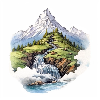 A clipart of a mountain peak with a winding river flowing down, crafted in watercolor style, all on a white background.