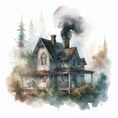 watercolor, hyper realistic, white background, white margins, 16k, ultra detailed clipart, cut out image, hand-drawn, whimsical a spooky-looking cottage in the heart of a dark forest with wispy smoke rising from its chimney.