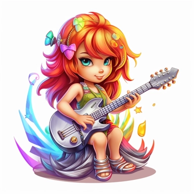 a beautiful fairy, rock star with guitar, rainbow colors, cartoon, big wings, clipart, white background