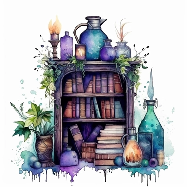 magical style wizard's magic reading corner with watercolor effect,suitable for digital clipart,magic tools,old magical books,gothic bookcase full of books,potion bottles,magic caulddon, gothic candles,white background,magical flowers,magical scene,fairy dark colours,green ,blue,purple,gothic details Clipart ,Cartoon,hyper realistic, intricate detail, illustration style,high solution,on the white background