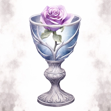 Design a dreamy watercolor clipart of an elegant Chalice cup intertwined with Violet Floral, with soft and graceful brushstrokes in a delicate color palette in shades of purple, blue, or white. Infuse the artistic style of Serenity Blooms Watercolors for 