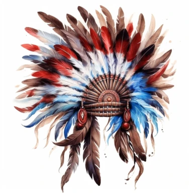 american indian feather head dress, watercolor, clipart, white background, hyperrealistic | COLOR THEME: brown, red, white, blue, black