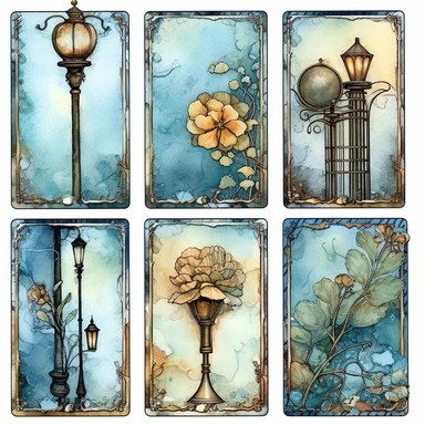 a page of watercolor flowers and street light card collections, set of 4 cliparts, in the style of steampunk-inspired designs, light blue and beige, great contrast, altered and substituted canvases, art arrangement, photographic source, matte, insanely detailed and sharp, some splash with alcohol ink, nouveau réalisme