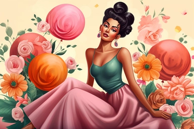 full body, modest, hispanic/latina woman, goddess like, with rich complexion and distinctive facial features, where elegance, radiant, positive energy and blissful facial expression in theme of 1960s botanical vintage flower Ballon Flower ,clipart