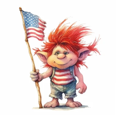 a watercolor, cute troll, hair standing up, red hair, little nose, precious moments, adorable, holding usa flag in hand, summer, clip art, contrasting colors, white background.