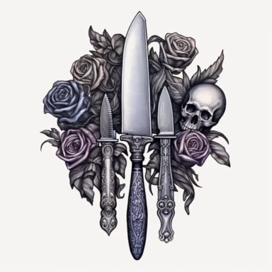 a mesmerizing clipart of a knife set against a pristine white background. This knife possesses an artistic art style infused with goth elements, such as intricate skulls, delicate roses, and elegant ribbons