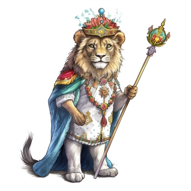 A clipart of a lion dressed in a prince's outfit, with a crown and a scepter, watercolor style, realistic, bright colors, 300 dpi, 8k, white and clear background