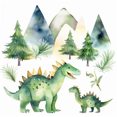 friendly, fluffy watercolor dinosaurs clipart, in mountains, forest, separated, seamless, transparent background--AR 3:2