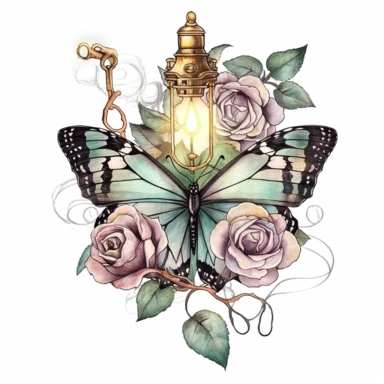 watercolor clipart beautifull Steampunk Light Purple & Mint & butter Color Butterfly, with some steampunk roses around the butterfly