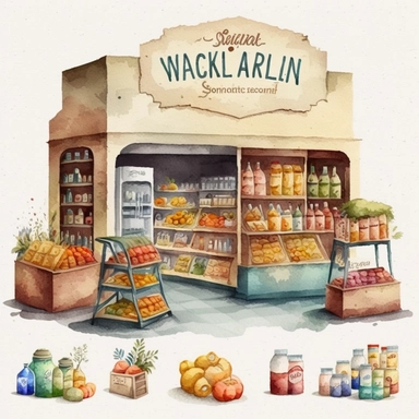 Watercolor Grocery Store Inside Clipart