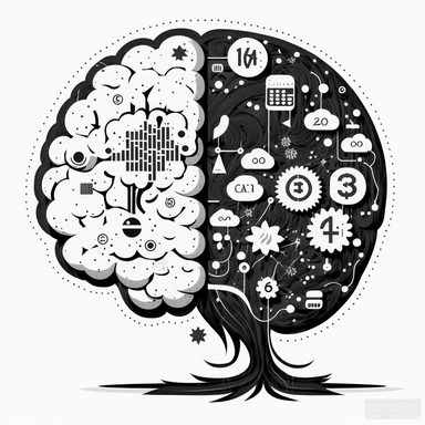 clipart of a brain full of mathematics and algorithms. Beautiful, flat, cute manga style, black and white, round image borders
