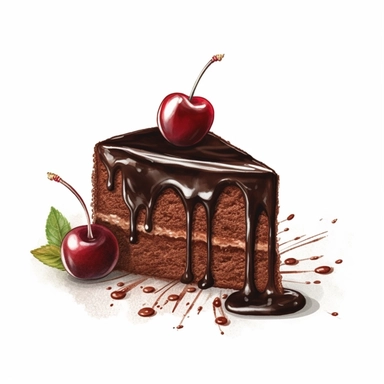 A delectable clipart featuring a moist chocolate cake slice with rich chocolate ganache dripping down the sides, adorned with a sprinkle of cocoa powder and a cherry on top