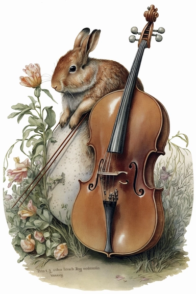 Cello, illustration by Beatrix Potter, 8k, no shadow, white background, clean background, no items in the background, svh clipart style, png, solid white background