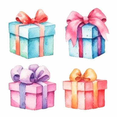 set of watercolors cute giftbox for kids book, white backgroun, clipart, clean and crisp