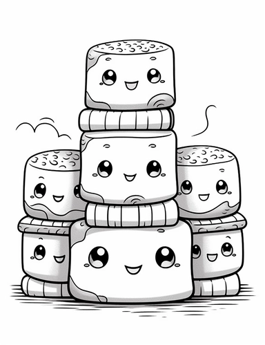 Kawaii s'mores with smiling faces, featuring toasted marshmallows, chocolate, and graham crackers For Simple Coloring page,line art, thick lines, black and white,clipart, illustration, on white background,margin Page 10px