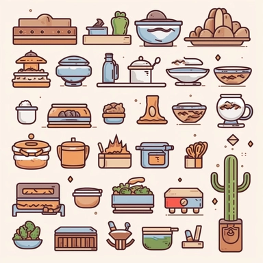 a set of black line clipart inspired by Raiders of the Lost Ark and travel and food and colonialism and David Chang and stolen cultural relics and cooking and grilling and eating and global cuisine and 1980s action figures