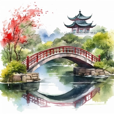 watercolor colorful clip art chinese garden with bridge, on white background,