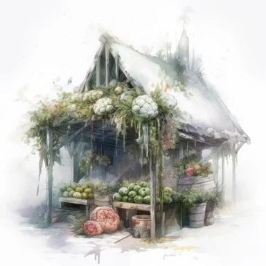 isolated on white illustration watercolor art of a part of white little vegetable market, overgrown with white and light pink roses and flowers, covered with snow and ice, a lot of moss and branches, lace and embroidery, masterpiece by Tomasz Alen Kopera style and by Carl Holsoe style and by Hannah Dale style and by Alexander Jansson style, Baroque Architecture, PNG clipart, isolated on white, white background, extreme photorealistic details, 32k HD resolution, realistic high detailization high 