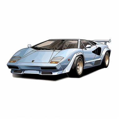 n clipart style, vector image, A meticulously crafted illustration of a silver 1975 Lamborghini Countach , highlighting its iconic design and graceful contours, placed against pure white background (style: evoking the accuracy and refinement of classic automobile blueprints) (lighting) (colors: an elegant palette for the car's body set against a pristine, white backdrop) (composition: captured from a side view or three-quarter angle using a 35mm lense ensuring enough space is between the car and
