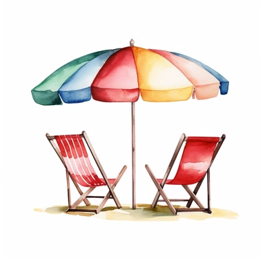 Watercolor A beach umbrella shading a pair of beach chairs clipart, Minimalist, isolated white background, 8k